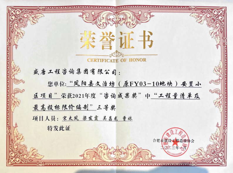 2023年1月，盛唐集团荣获凤阳县文治坊三等奖.png